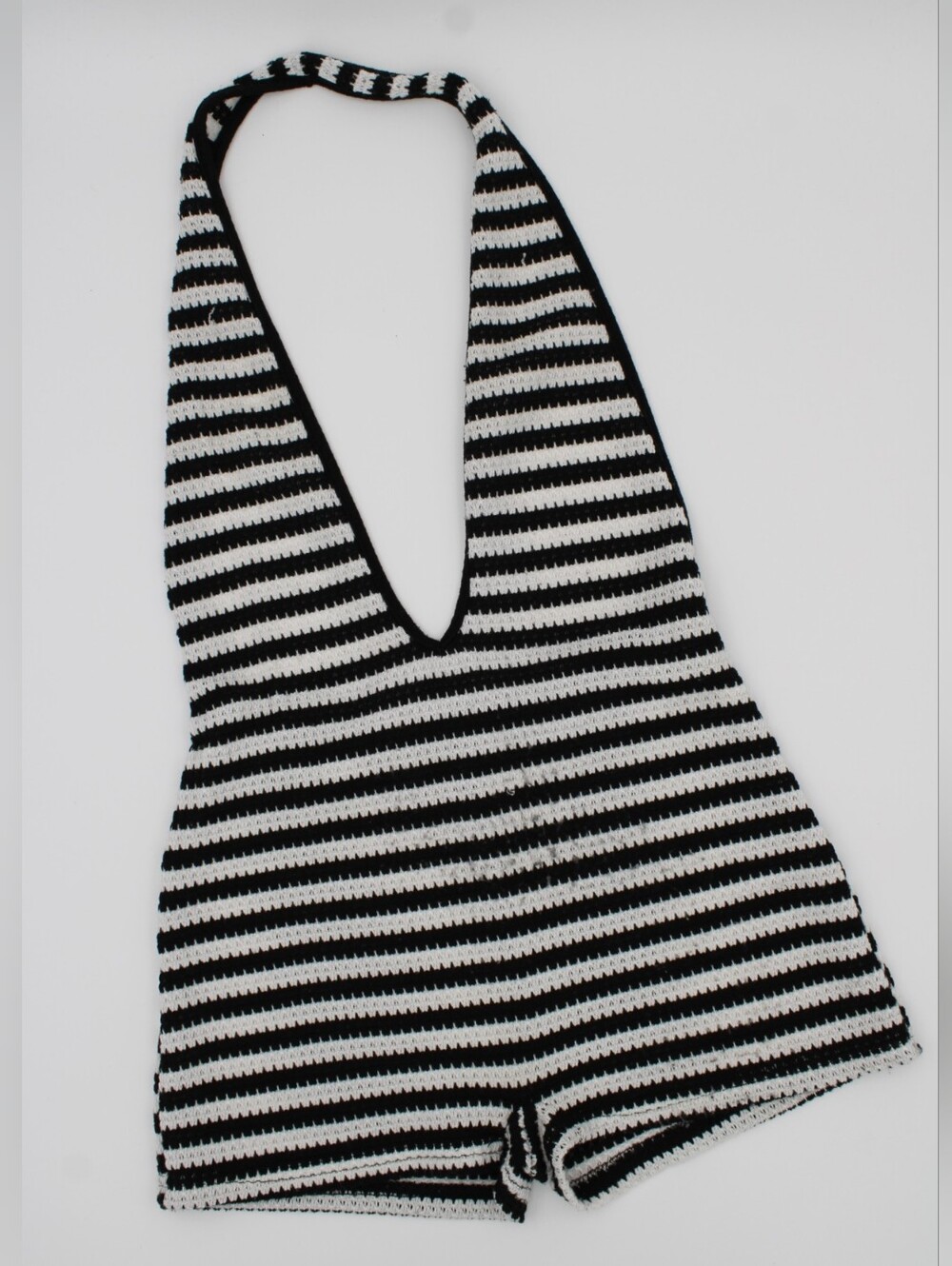 Black & White Striped Crochet Halter Romper – Backless Playsuit